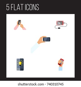 Flat Icon Phone Set Of Screen, Smartphone, Accumulator And Other Vector Objects. Also Includes Brightness, Display, Charge Elements.