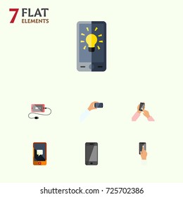Flat Icon Phone Set Of Smartphone, Chatting, Interactive Display And Other Vector Objects. Also Includes Accumulator, Telephone, Bulb Elements.
