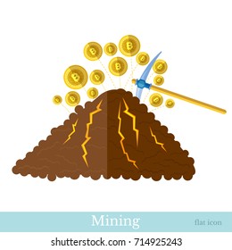 Flat icon with picks bit rock bit coins fly out. Mining bit coin business illustration isolated on white svg