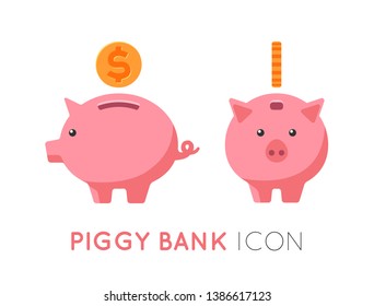 Flat icon piggy bank with coin isolated on white background. Side and front view of piggy bank. Symbol of saving money and making deposit. Vector illustration.