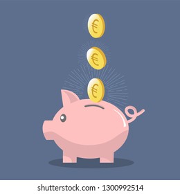 Flat icon piggy bank with coins, bitcoin isolated on Blue background. Vector illustration.