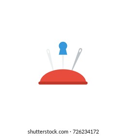Flat Icon Pin With Needle Element. Vector Illustration Of Flat Icon Pincushion Isolated On Clean Background. Can Be Used As Pin, Needle And Pincushion Symbols.