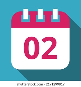 Flat icon of pink calendar with blue background, vector illustration of calendar with shadow marking day 02.