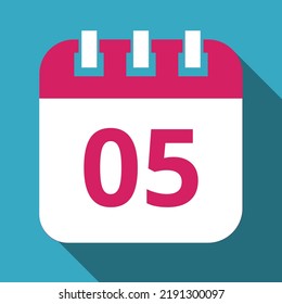 Flat icon of pink calendar with blue background, vector illustration of calendar with shadow marking day 05.