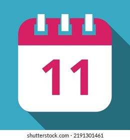 Flat icon of pink calendar with blue background, vector illustration of calendar with shadow marking day 11.