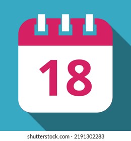 Flat icon of pink calendar with blue background, vector illustration of calendar with shadow marking day 18.