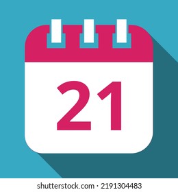 Flat icon of pink calendar with blue background, vector illustration of calendar with shadow marking day 21.