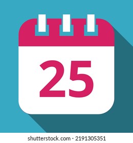 Flat icon of pink calendar with blue background, vector illustration of calendar with shadow marking day 25.