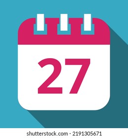 Flat icon of pink calendar with blue background, vector illustration of calendar with shadow marking day 27.