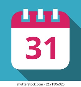 Flat icon of pink calendar with blue background, vector illustration of calendar with shadow marking day 31.