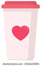 Flat icon of pink cup with red heart isolated on white background.