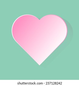 Flat icon of pink heart with long shadow in green background