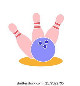Flat icon with pins and bowling ball in red blue and yellow.
