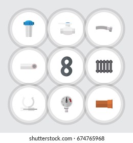 Flat Icon Pipeline Set Of Corrugated Pipe, Drain, Heater And Other Vector Objects. Also Includes Plastic, Holder, Plumbing Elements.