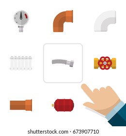 Flat Icon Pipeline Set Of Radiator, Pump Valve, Cast And Other Vector Objects. Also Includes Flange, Water, Drain Elements.