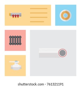 Flat Icon Pipeline Set Of Roll, Heater, Drain And Other Vector Objects. Also Includes Thermostat, Pipe, Plastic Elements.
