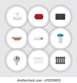 Flat Icon Pipeline Set Of Tube, Pressure, Flange And Other Vector Objects. Also Includes Radiator, Filter, Water Elements.