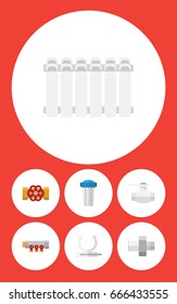 Flat Icon Pipeline Set Of Water Filter, Radiator, Pump Valve And Other Vector Objects. Also Includes Plumbing, Filtration, Water Elements.