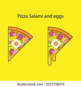 Flat icon Pizza slice Salami and eggs solated on yellow background. Vector illustration.