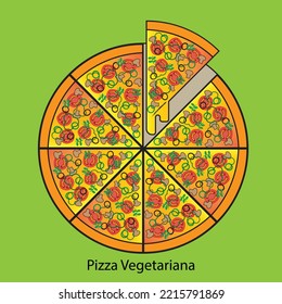 Flat icon Pizza Vegetariana solated on light green background. Vector illustration.
