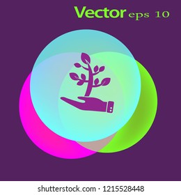Flat icon. The plant is in the palm of a person. In human hands the fate of the plant world.