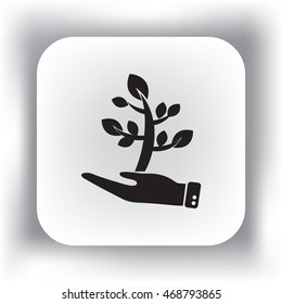 Flat icon. The plant is in the palm of a person. In human hands the fate of the plant world.