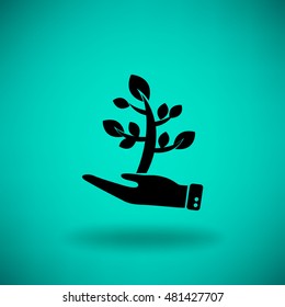 Flat icon. The plant is in the palm of a person. In human hands the fate of the plant world.