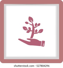 Flat icon. The plant is in the palm of a person. In human hands the fate of the plant world.