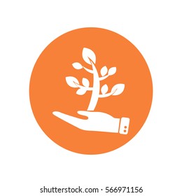 Flat icon. The plant is in the palm of a person. In human hands the fate of the plant world.