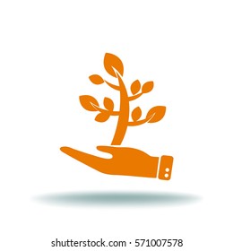 Flat icon. The plant is in the palm of a person. In human hands the fate of the plant world.