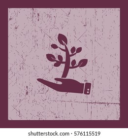 Flat icon. The plant is in the palm of a person. In human hands the fate of the plant world.