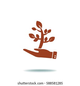 Flat icon. The plant is in the palm of a person. In human hands the fate of the plant world.