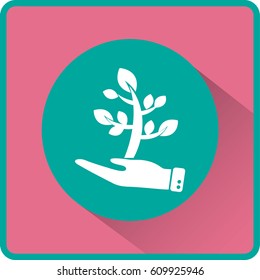 Flat icon. The plant is in the palm of a person. In human hands the fate of the plant world.