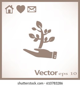 Flat icon. The plant is in the palm of a person. In human hands the fate of the plant world.