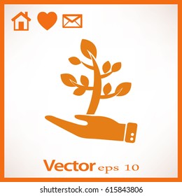 Flat icon. The plant is in the palm of a person. In human hands the fate of the plant world.