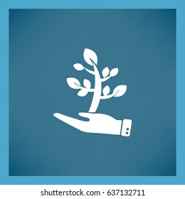 Flat icon. The plant is in the palm of a person. In human hands the fate of the plant world.