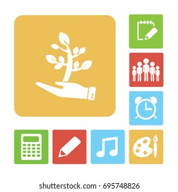 Flat icon. The plant is in the palm of a person. In human hands the fate of the plant world.