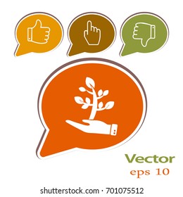 Flat icon. The plant is in the palm of a person. In human hands the fate of the plant world.