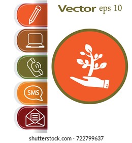 Flat icon. The plant is in the palm of a person. In human hands the fate of the plant world.