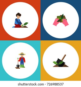 Flat Icon Plant Set Of Soil, Florist, Man And Other Vector Objects. Also Includes Glove, Woman, Soil Elements.