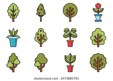 flat icon of plants and trees on background