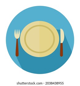 Flat icon of plate and cutlery with shadow.	