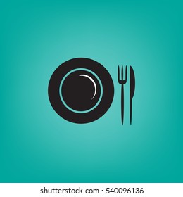 Flat icon. Plate, fork and knife. Dinner. A cafe. A restaurant.