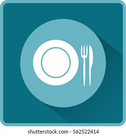 Flat icon. Plate, fork and knife. Dinner. A cafe. A restaurant.