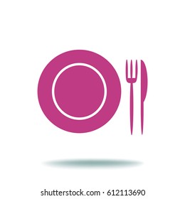 Flat icon. Plate, fork and knife. Dinner. A cafe. A restaurant.