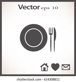 Icono plano. Placa, tenedor y cuchillo. Cena. Un café. Un restaurante.