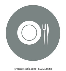 Icono plano. Placa, tenedor y cuchillo. Cena. Un café. Un restaurante.