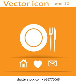 Flat icon. Plate, fork and knife. Dinner. A cafe. A restaurant.