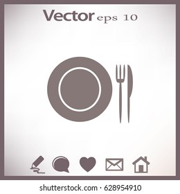 Icono plano. Placa, tenedor y cuchillo. Cena. Un café. Un restaurante.