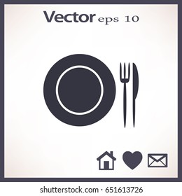 Flat icon. Plate, fork and knife. Dinner. A cafe. A restaurant.